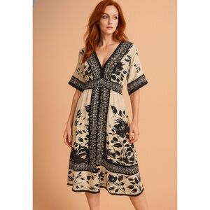 Lynn Ritchie Silver Silk Crinkle Floral Black Ivory Print Tie Back Dress Sz L